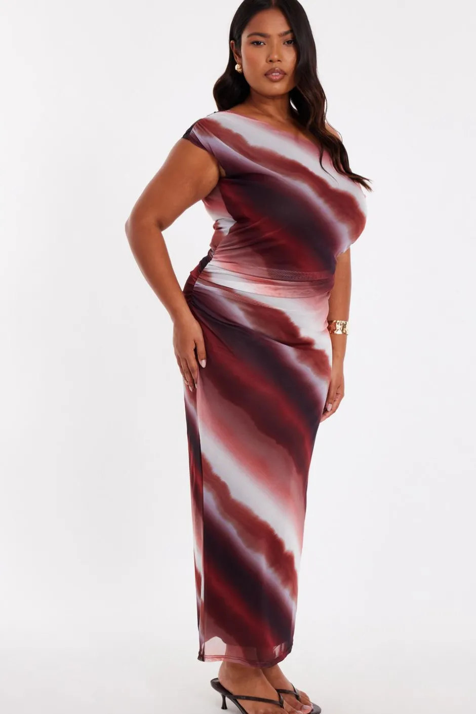 Quiz Curve Brown Mesh Ombre Midaxi Dress
