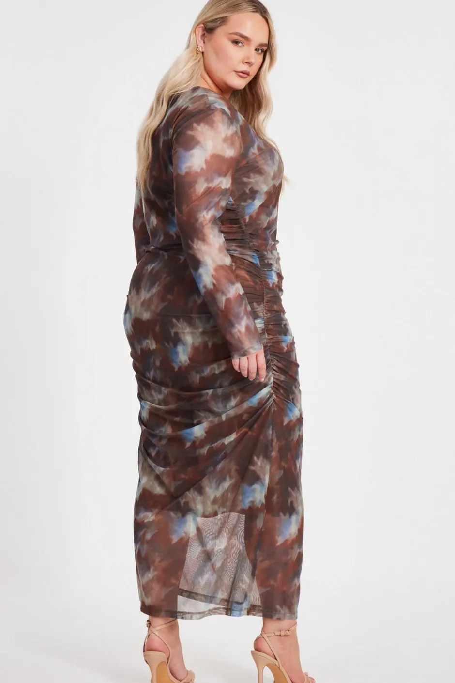 Quiz Curve Brown Mesh Printed Midaxi Dress Hot