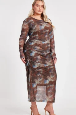 Quiz Curve Brown Mesh Printed Midaxi Dress Hot