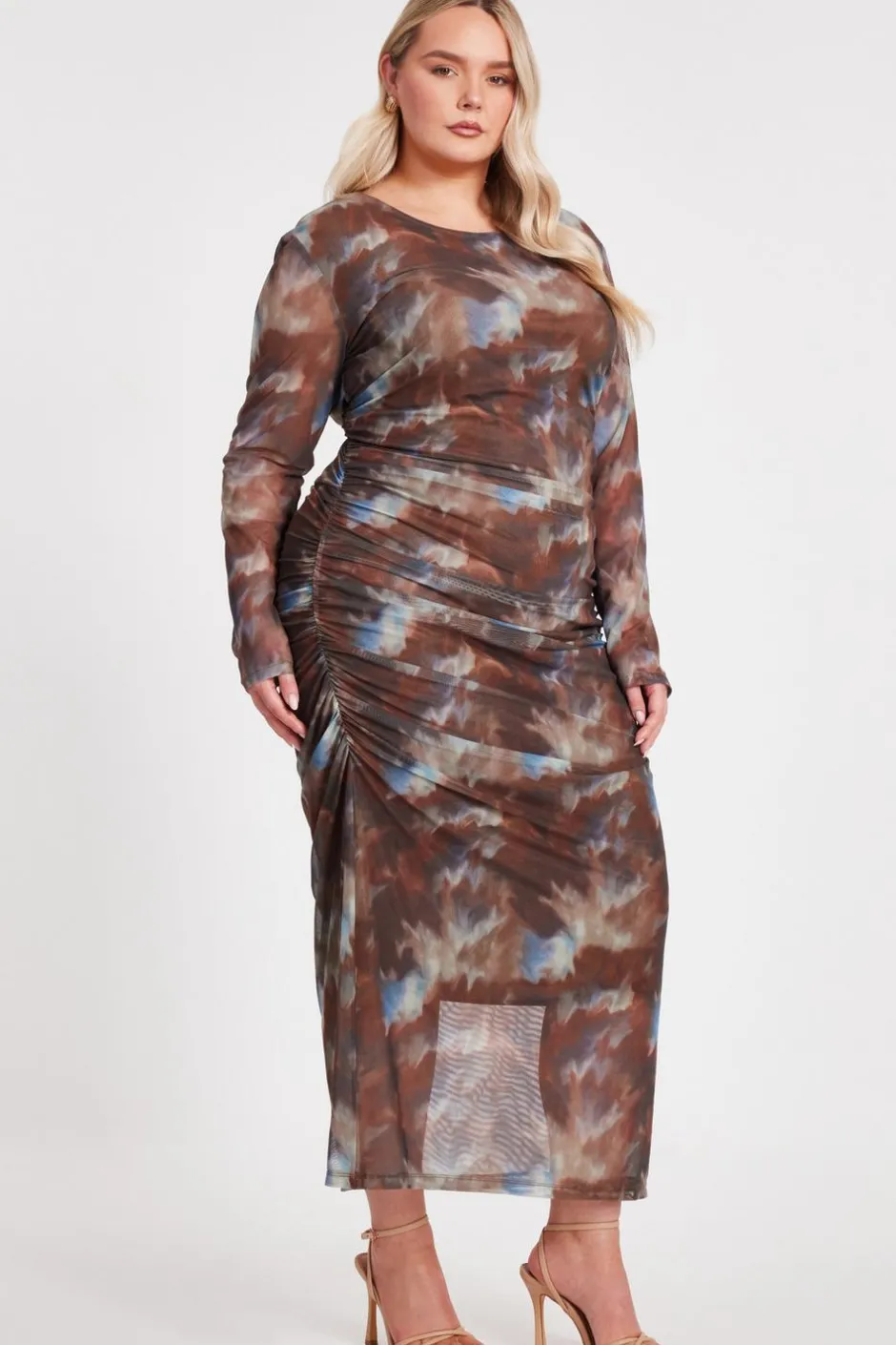 Quiz Curve Brown Mesh Printed Midaxi Dress Hot