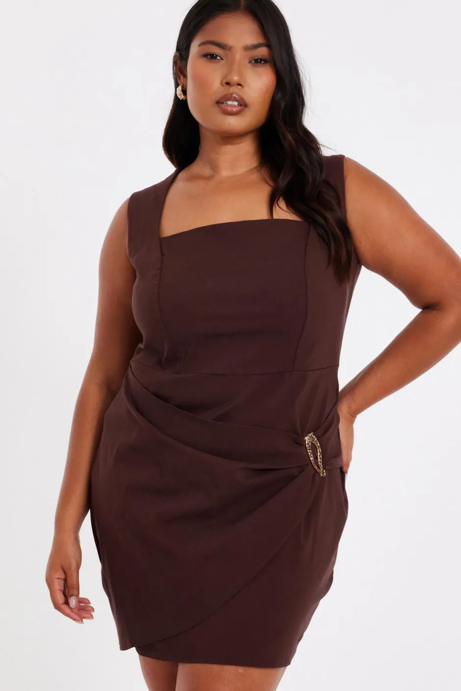 Quiz Curve Brown Square Neck Mini Dress Outlet