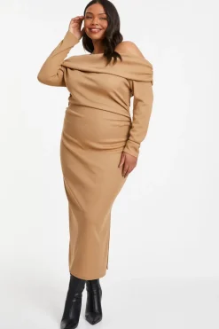 Quiz Curve Camel Ribbed Bardot Bodycon Midi Dress Neutral Online