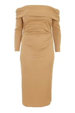 Quiz Curve Camel Ribbed Bardot Bodycon Midi Dress Neutral Online