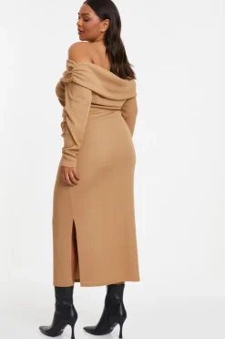 Quiz Curve Camel Ribbed Bardot Bodycon Midi Dress Neutral Online