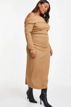 Quiz Curve Camel Ribbed Bardot Bodycon Midi Dress Neutral Online