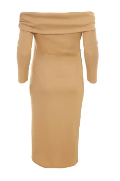 Quiz Curve Camel Ribbed Bardot Bodycon Midi Dress Neutral Online