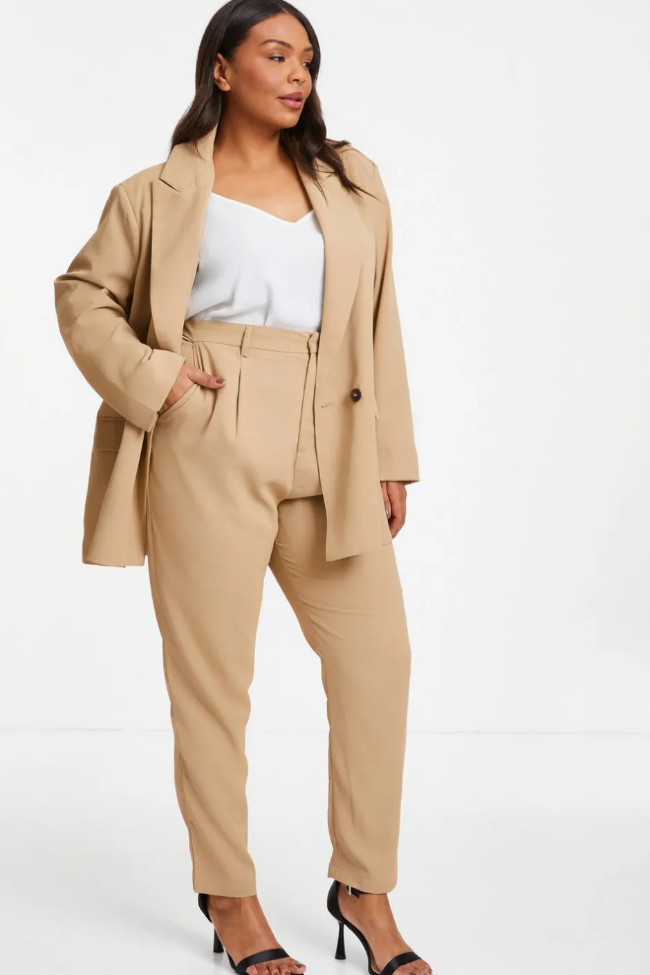 Quiz Curve Tailored Trousers Camel Clearance