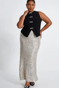 Quiz Curve Sequin Maxi Skirt Champagne New