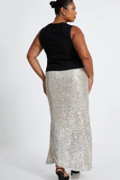Quiz Curve Sequin Maxi Skirt Champagne New