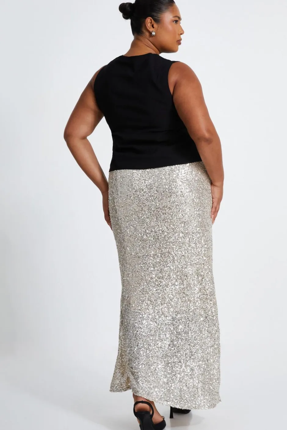 Quiz Curve Sequin Maxi Skirt Champagne New