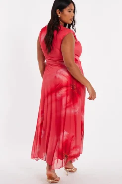 Quiz Curve Coral Mesh Midaxi Dress New
