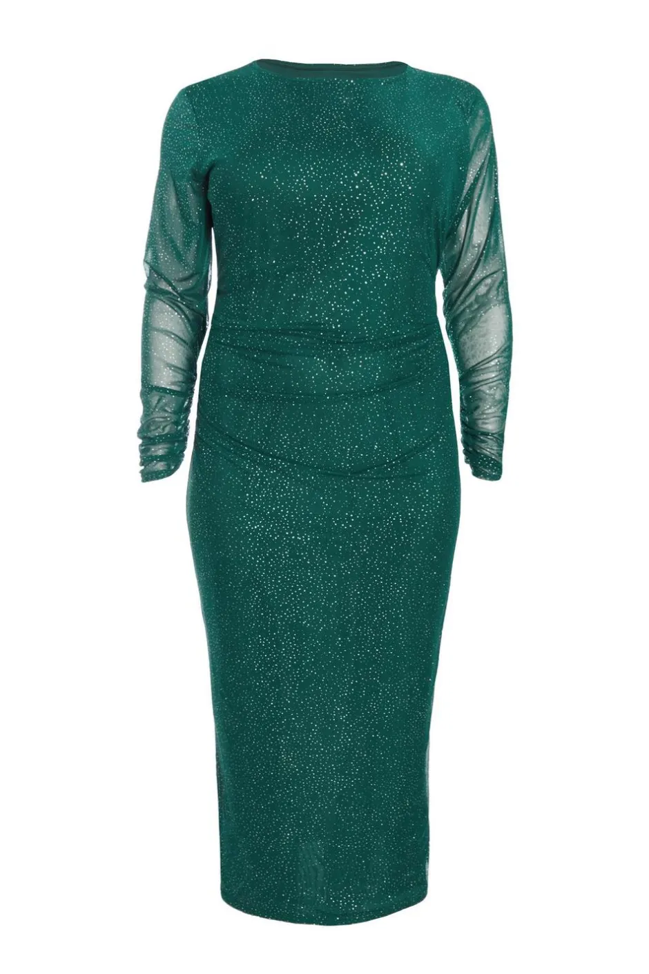 Quiz Curve Glitter Mesh Midaxi Dress Dark Green New