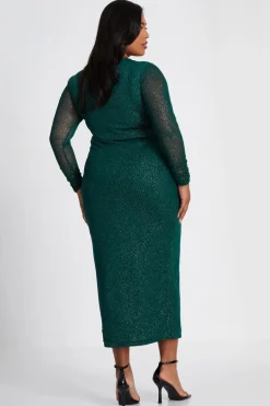 Quiz Curve Glitter Mesh Midaxi Dress Dark Green New
