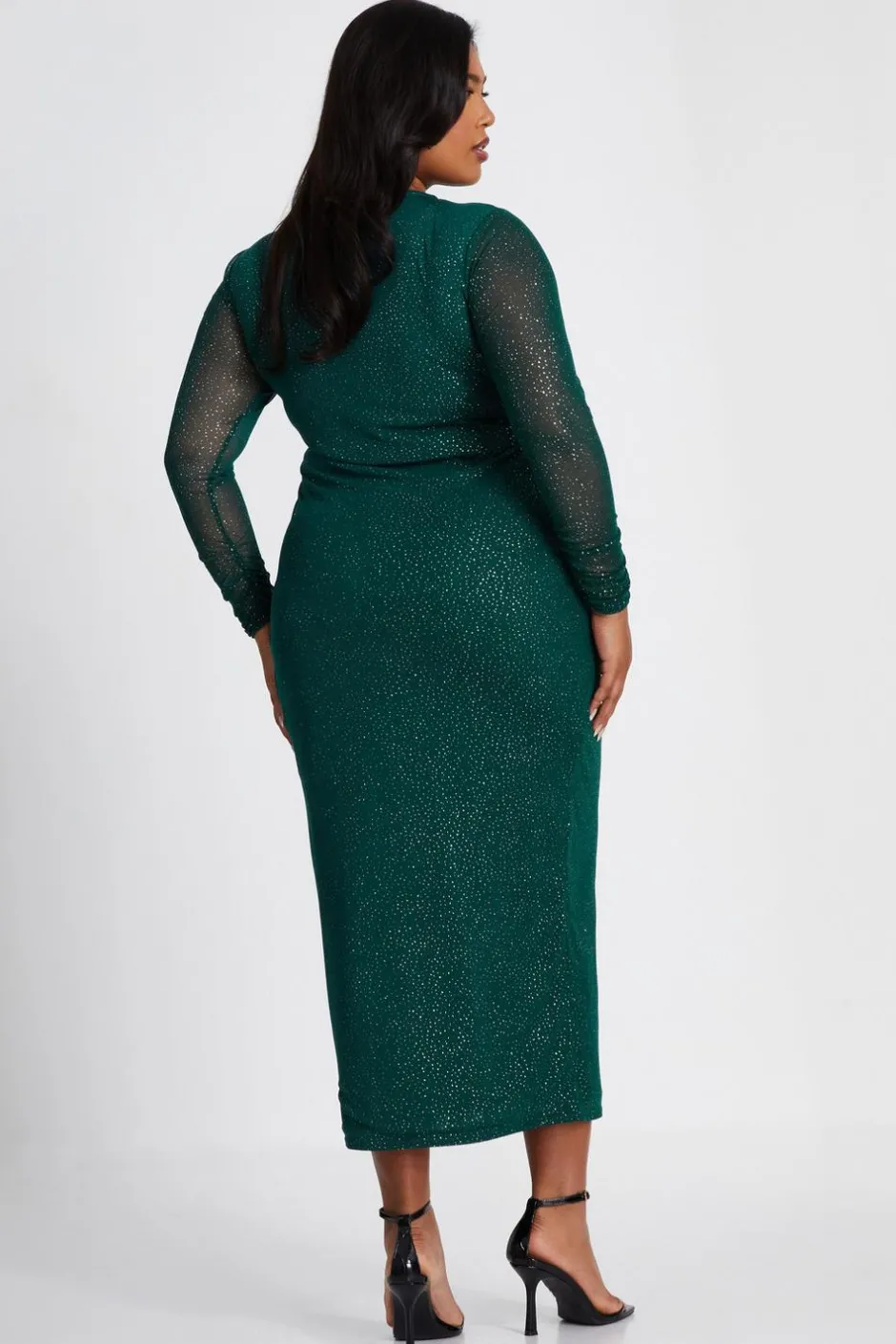 Quiz Curve Glitter Mesh Midaxi Dress Dark Green New