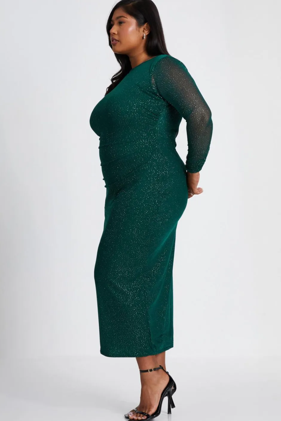 Quiz Curve Glitter Mesh Midaxi Dress Dark Green New