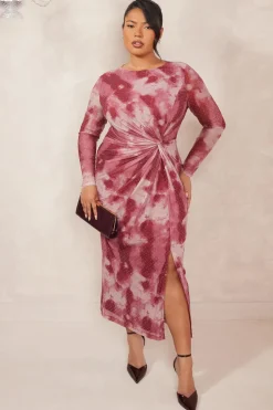 Quiz Curve Dark Pink Marble Print Midaxi Dress Outlet