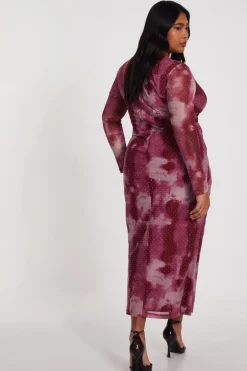 Quiz Curve Dark Pink Marble Print Midaxi Dress Outlet