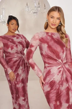 Quiz Curve Dark Pink Marble Print Midaxi Dress Outlet