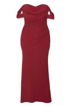 Quiz Curve Dark Red Chiffon Bardot Maxi Dress Wine
