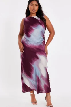 Quiz Curve Dark Red Printed Satin Midaxi Dress