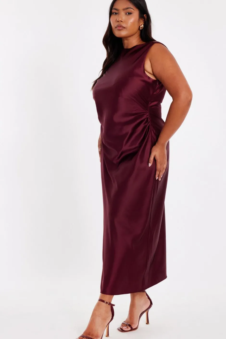 Quiz Curve Dark Red Satin Midaxi Dress Sale