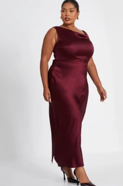 Quiz Curve Dark Red Satin Midaxi Dress Outlet