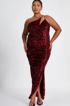 Quiz Curve Dark Red Sequin Maxi Dress Berry Best