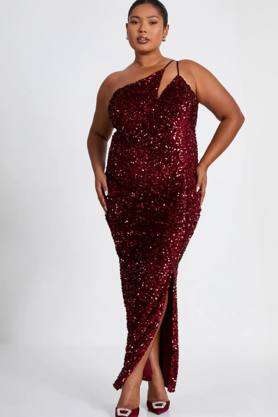 Quiz Curve Dark Red Sequin Maxi Dress Berry Best