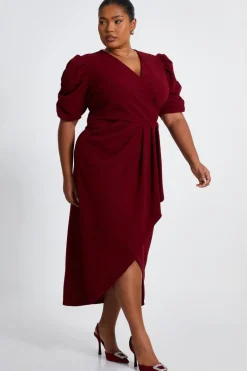 Quiz Curve Dark Red Wrap Midi Dress Clearance