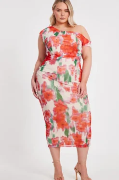 Quiz Curve Floral Smudge Midaxi Dress Hot