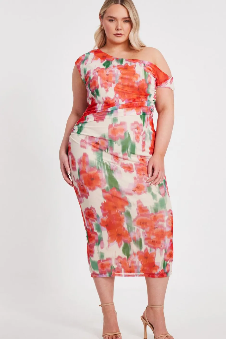 Quiz Curve Floral Smudge Midaxi Dress Hot