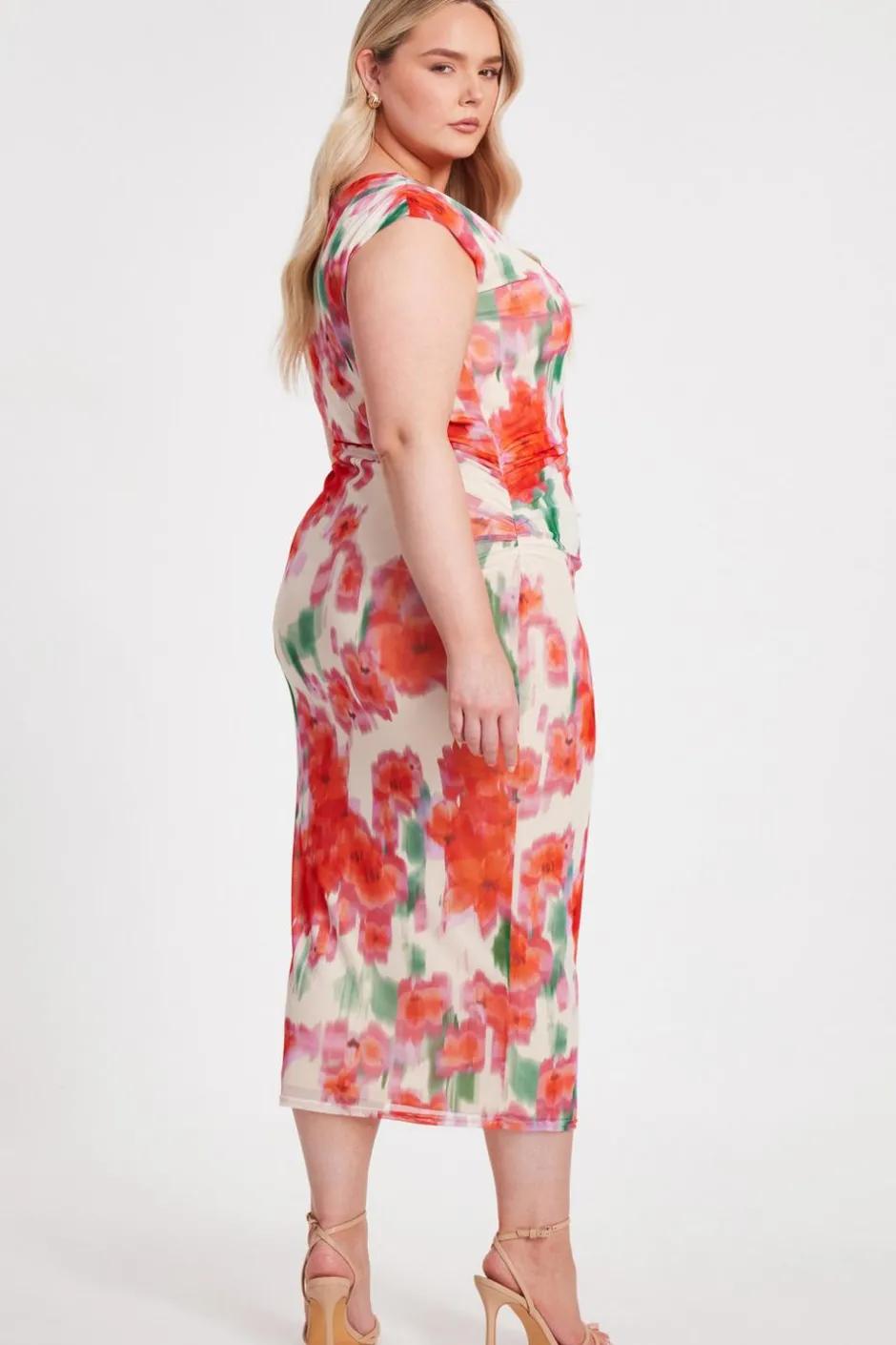 Quiz Curve Floral Smudge Midaxi Dress Hot