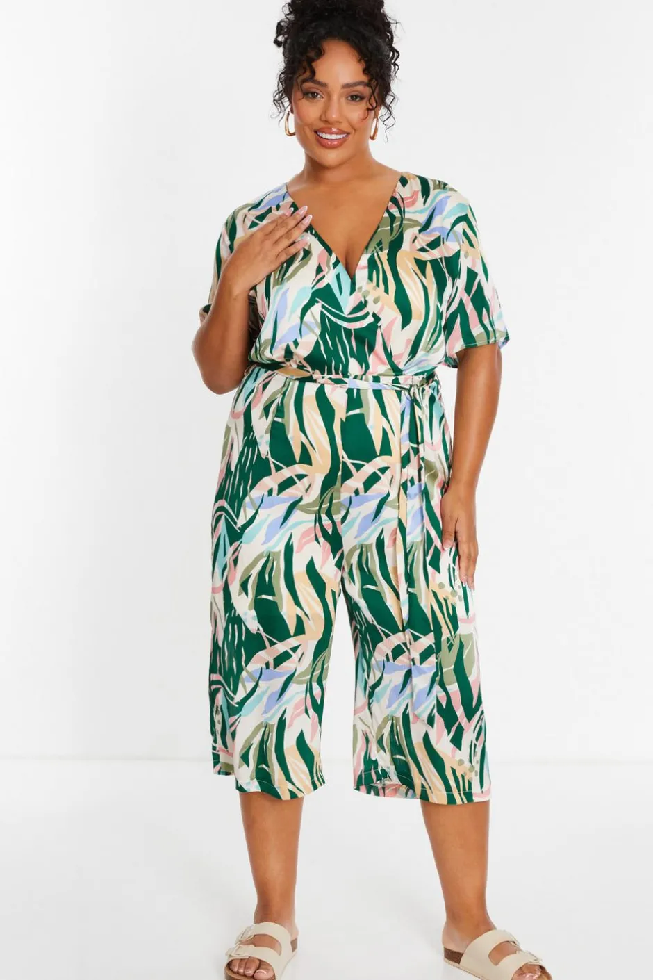 Quiz Curve Green Tropical Wrap Culotte Jumpsuit