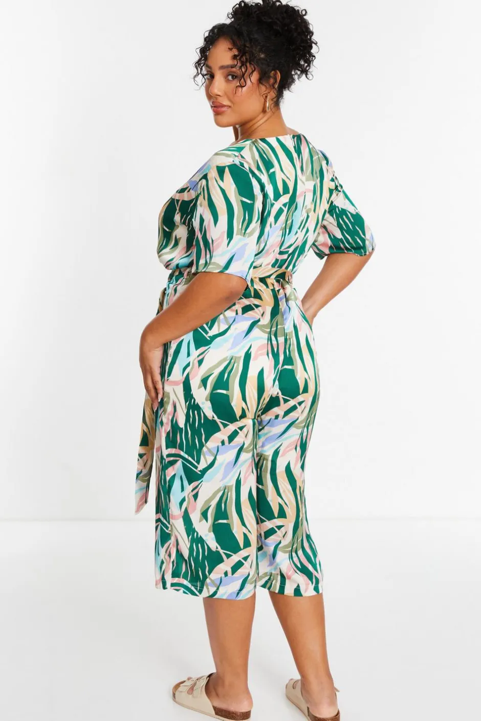 Quiz Curve Green Tropical Wrap Culotte Jumpsuit