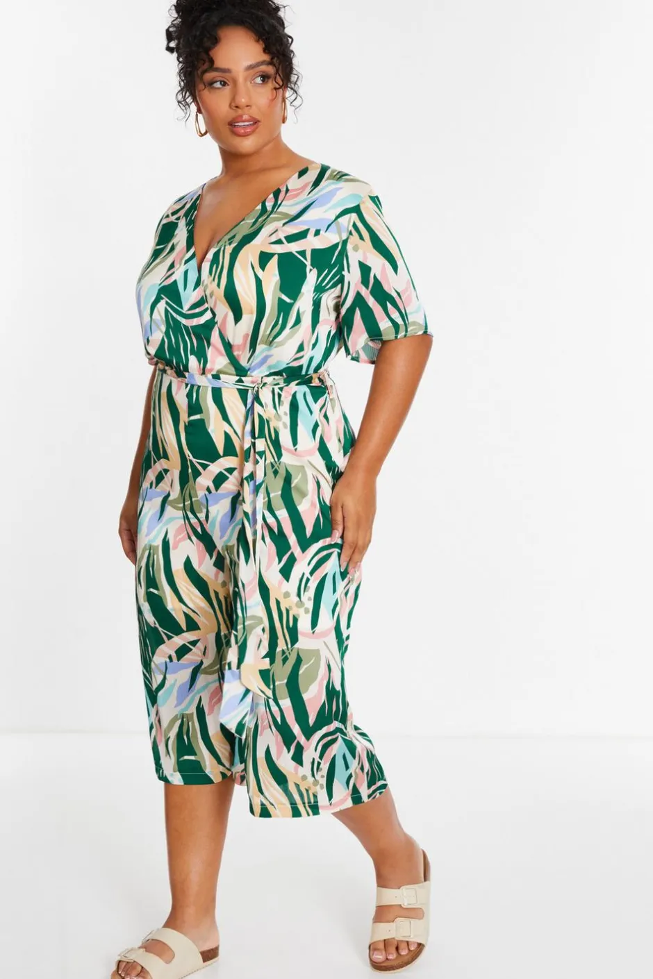 Quiz Curve Green Tropical Wrap Culotte Jumpsuit