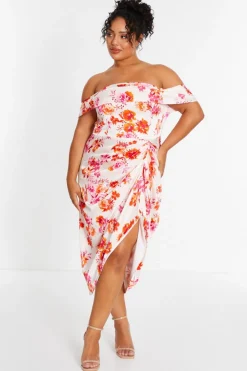 Quiz Curve Ivory Floral Bardot Ruched Midi Dress Hot
