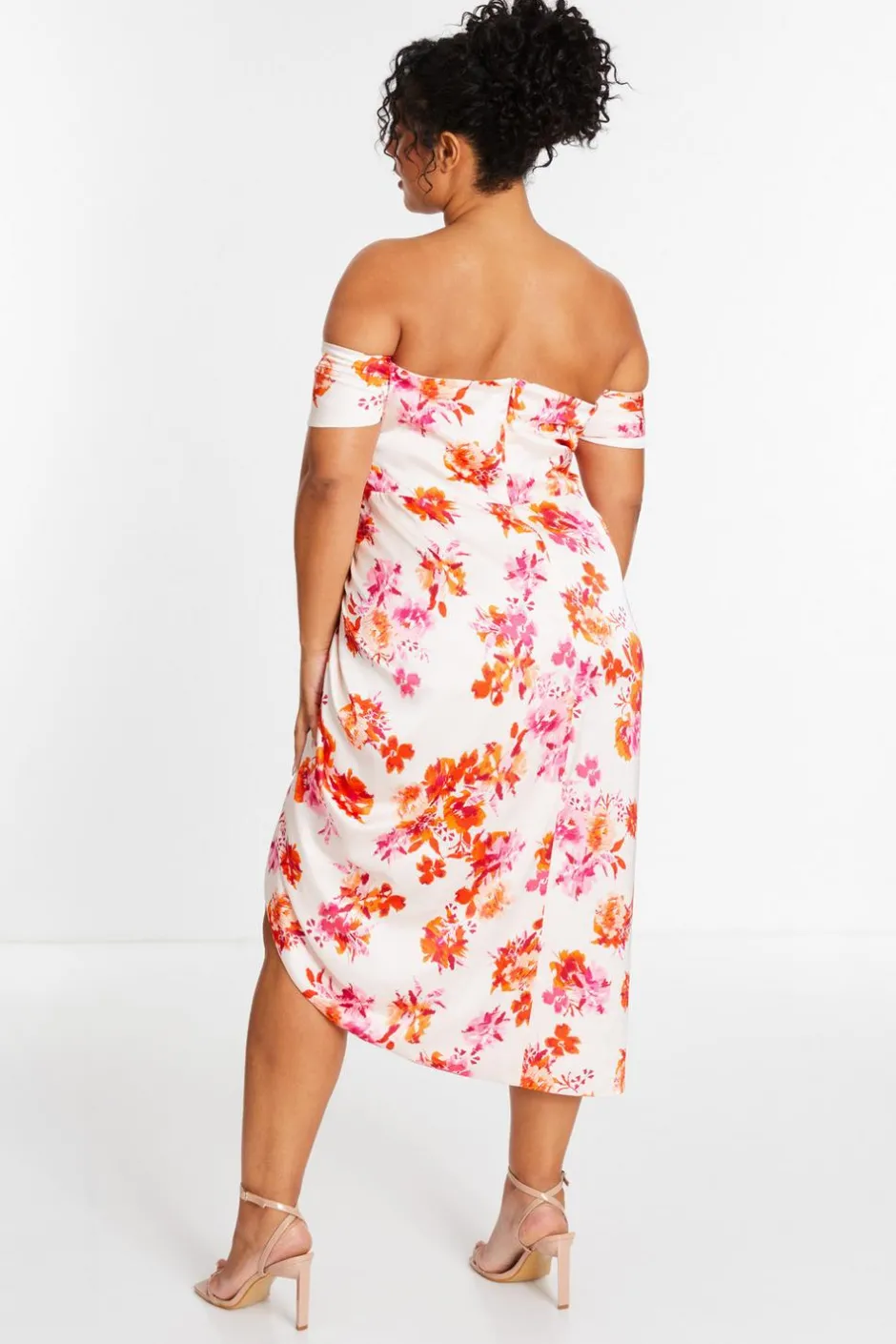Quiz Curve Ivory Floral Bardot Ruched Midi Dress Hot