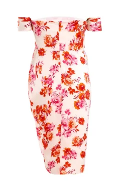 Quiz Curve Ivory Floral Bardot Ruched Midi Dress Hot