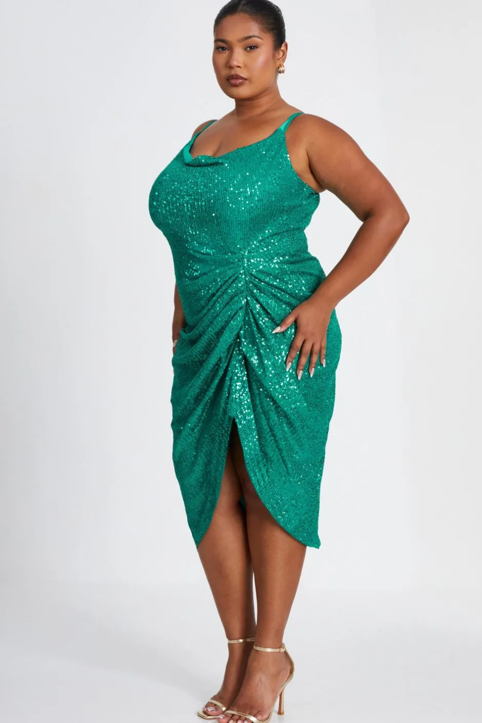 Quiz Curve Jade Green Sequin Ruched Midi Dress Outlet