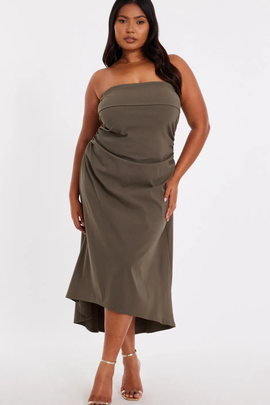 Quiz Curve Bandeau Midi Dress Khaki New