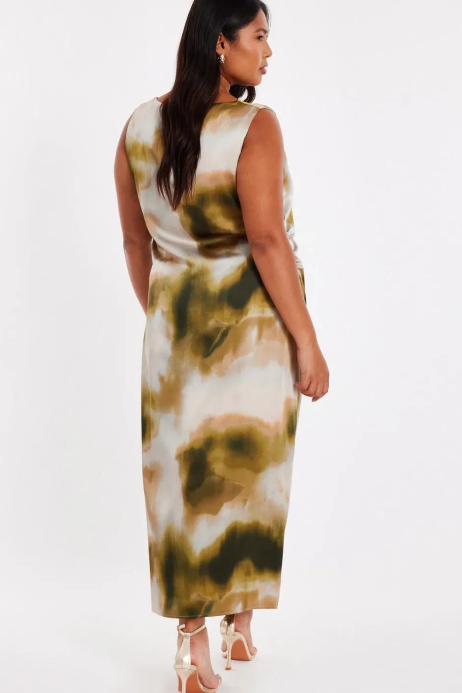 Quiz Curve Khaki Printed Satin Midaxi Dress Outlet
