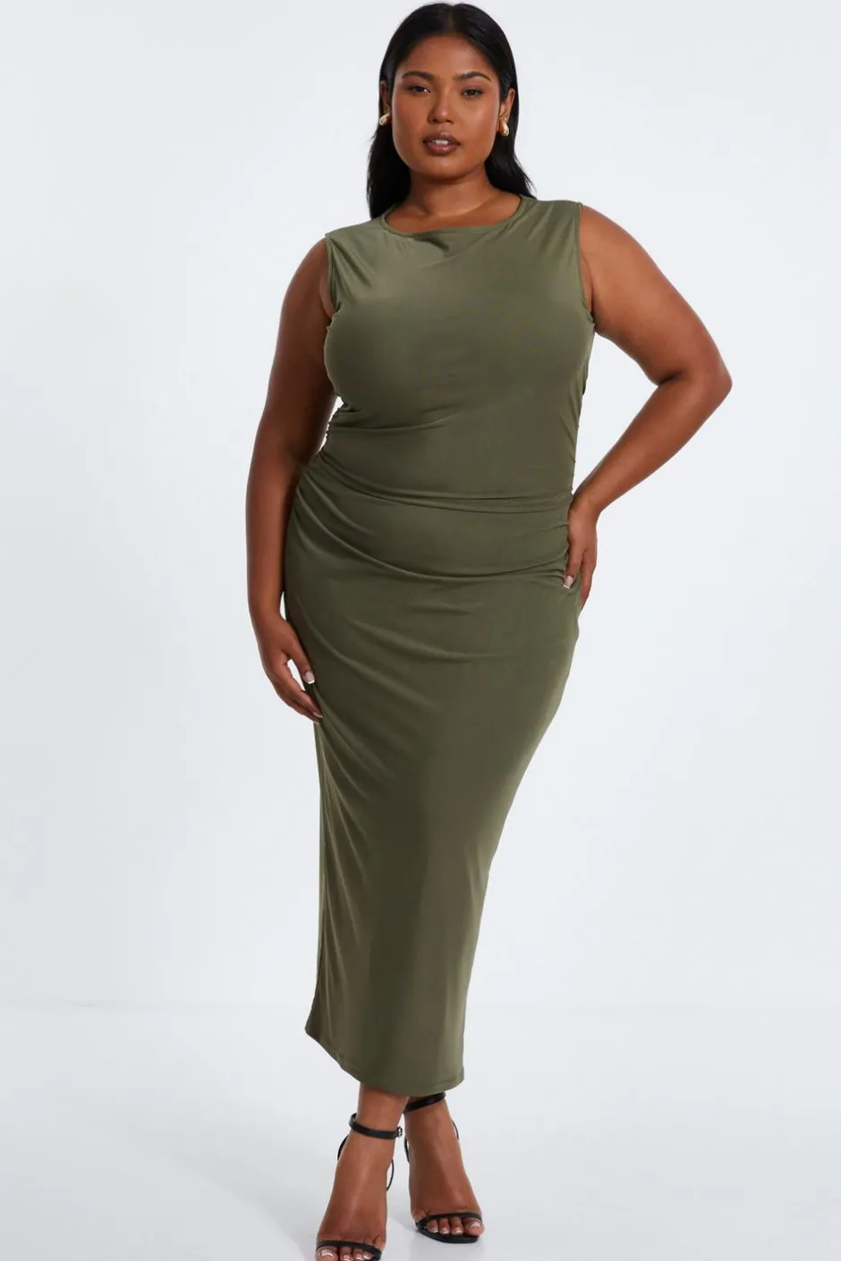 Quiz Curve Khaki Round Neck Midaxi Dress Best