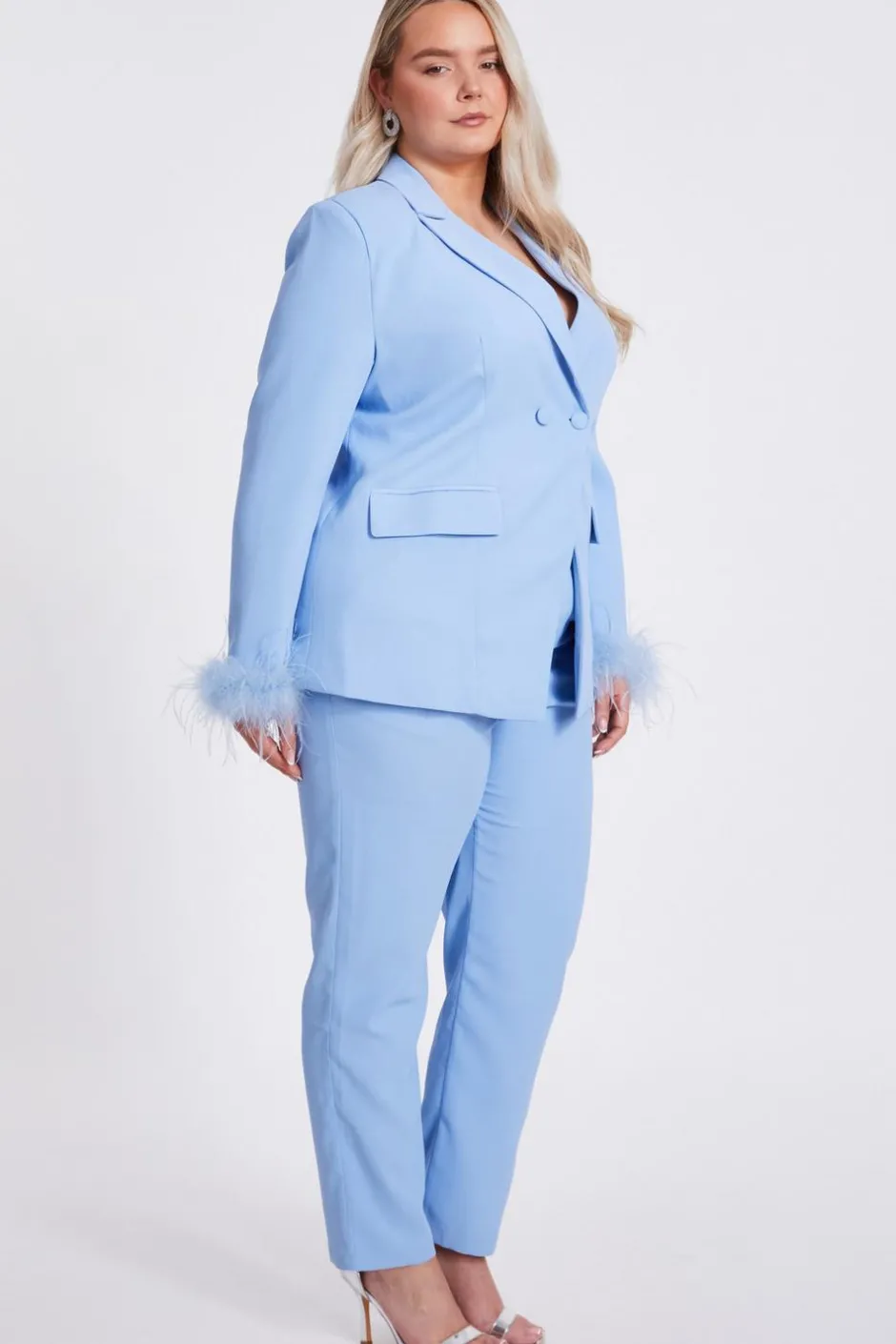 Quiz Curve Feather Trim Blazer Light Blue