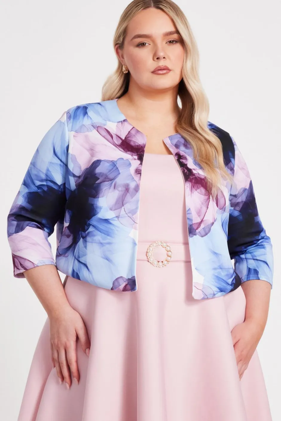 Quiz Curve Light Blue Floral Cropped Jacket Online