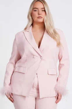 Quiz Curve Feather Trim Blazer Light Pink Hot