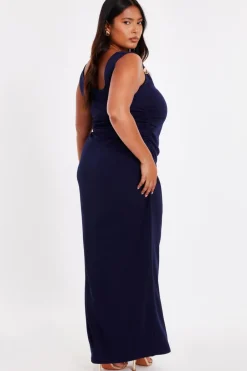 Quiz Curve Navy Buckle Detail Midaxi Dress Best