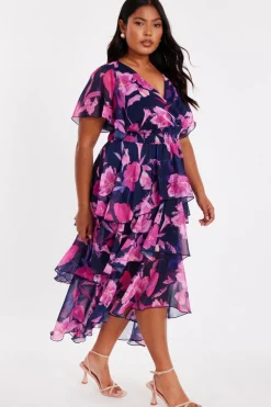 Quiz Curve Navy Chiffon Tiered Midi Dress Discount