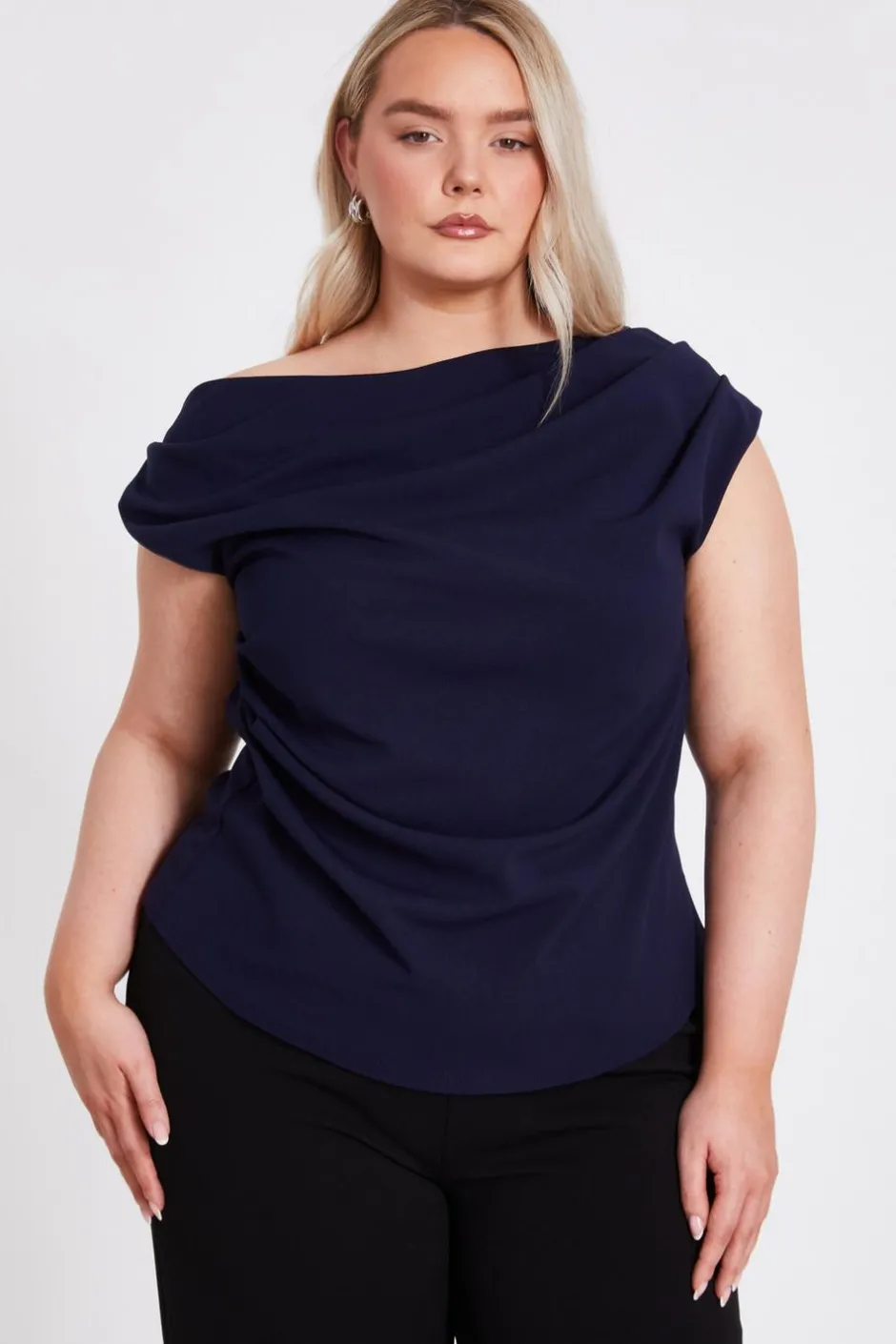 Quiz Curve Drape Neck Top Navy Sale