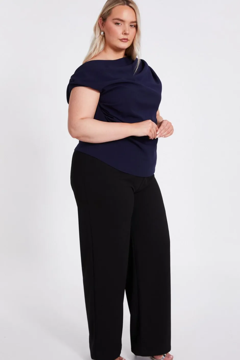 Quiz Curve Drape Neck Top Navy Sale
