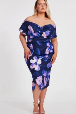 Quiz Curve Navy Floral Bardot Midi Dress Discount